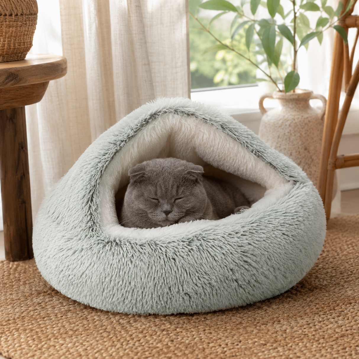 Fluffy Soft Cat Cave Bed With Hooded Plush Igloo Nest