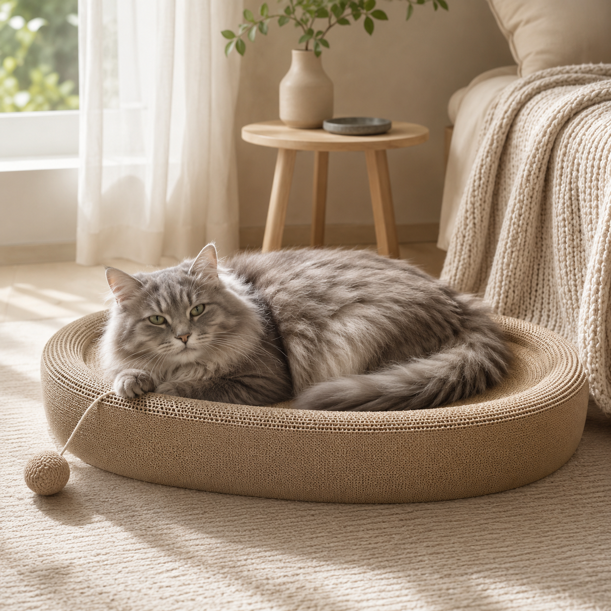 Cat Bed Oval Woven Scratch Lounge Nest with Hanging Toy Ball