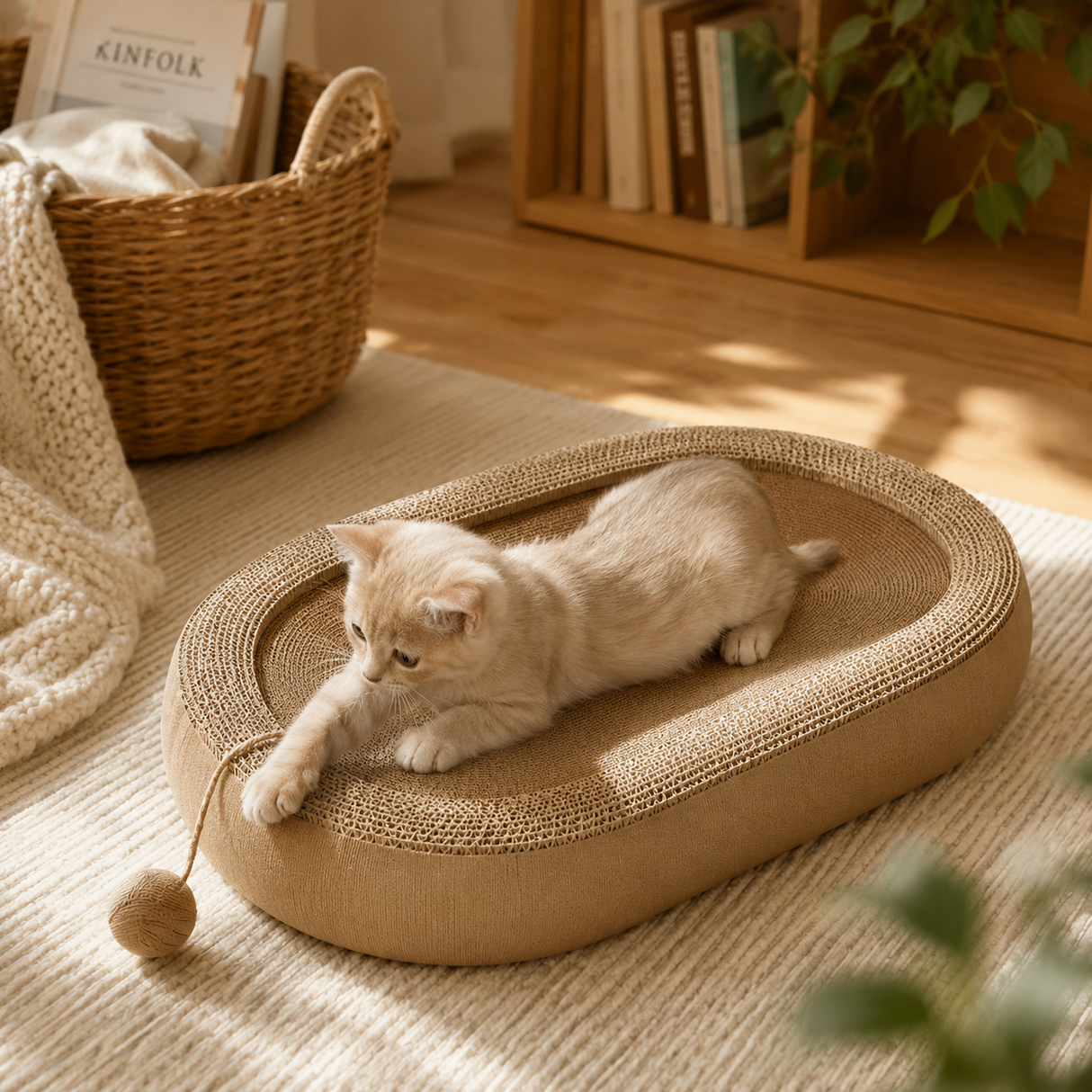 Cat Bed Oval Woven Scratch Lounge Nest with Hanging Toy Ball