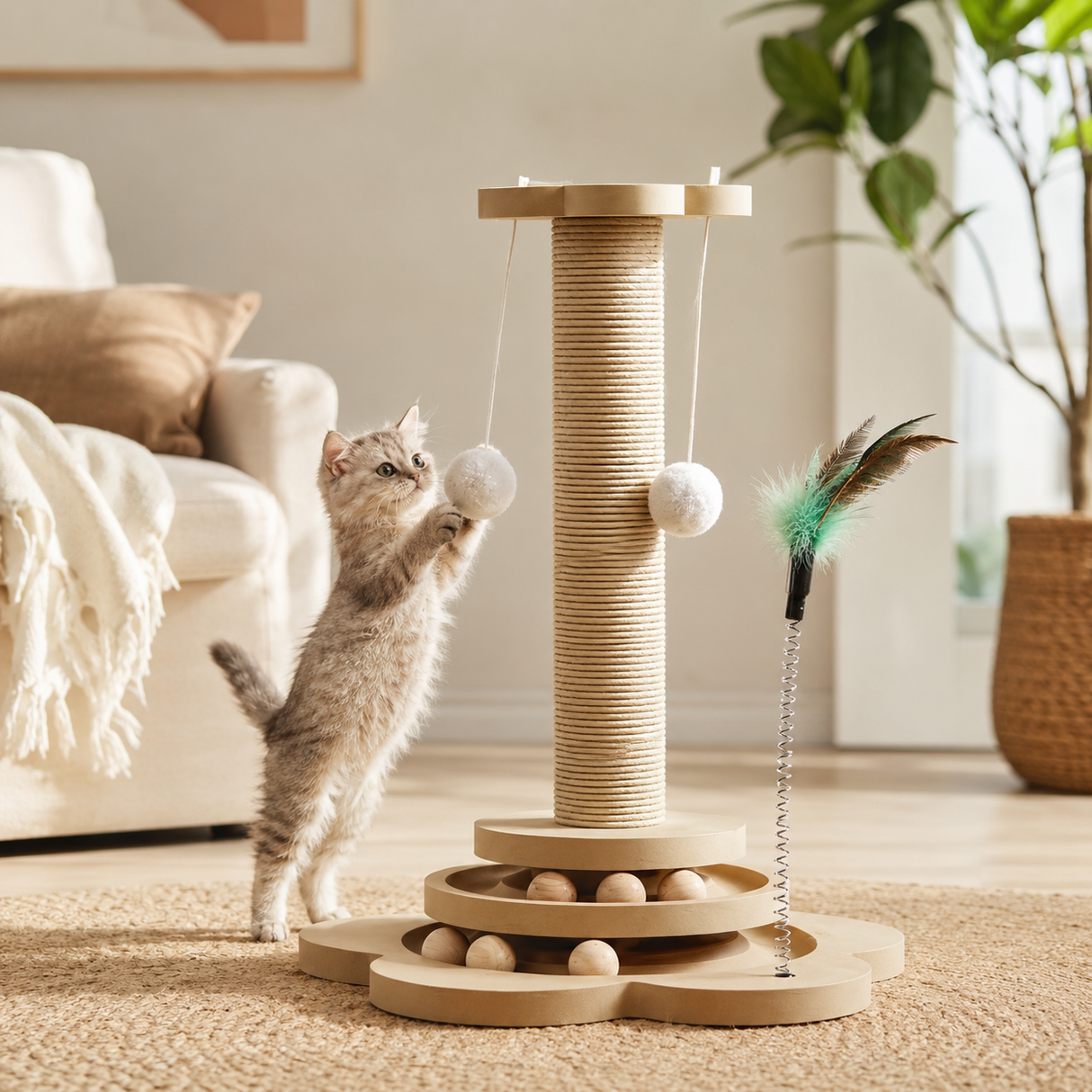 Large Cat Scratching Post Sisal Feather Toy Dangling Balls Roller Base