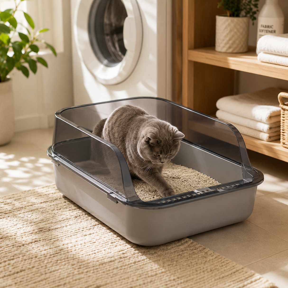 Cat Litter Tray Box High Sided Semi Open Top With Anti Scatter Grid Entry