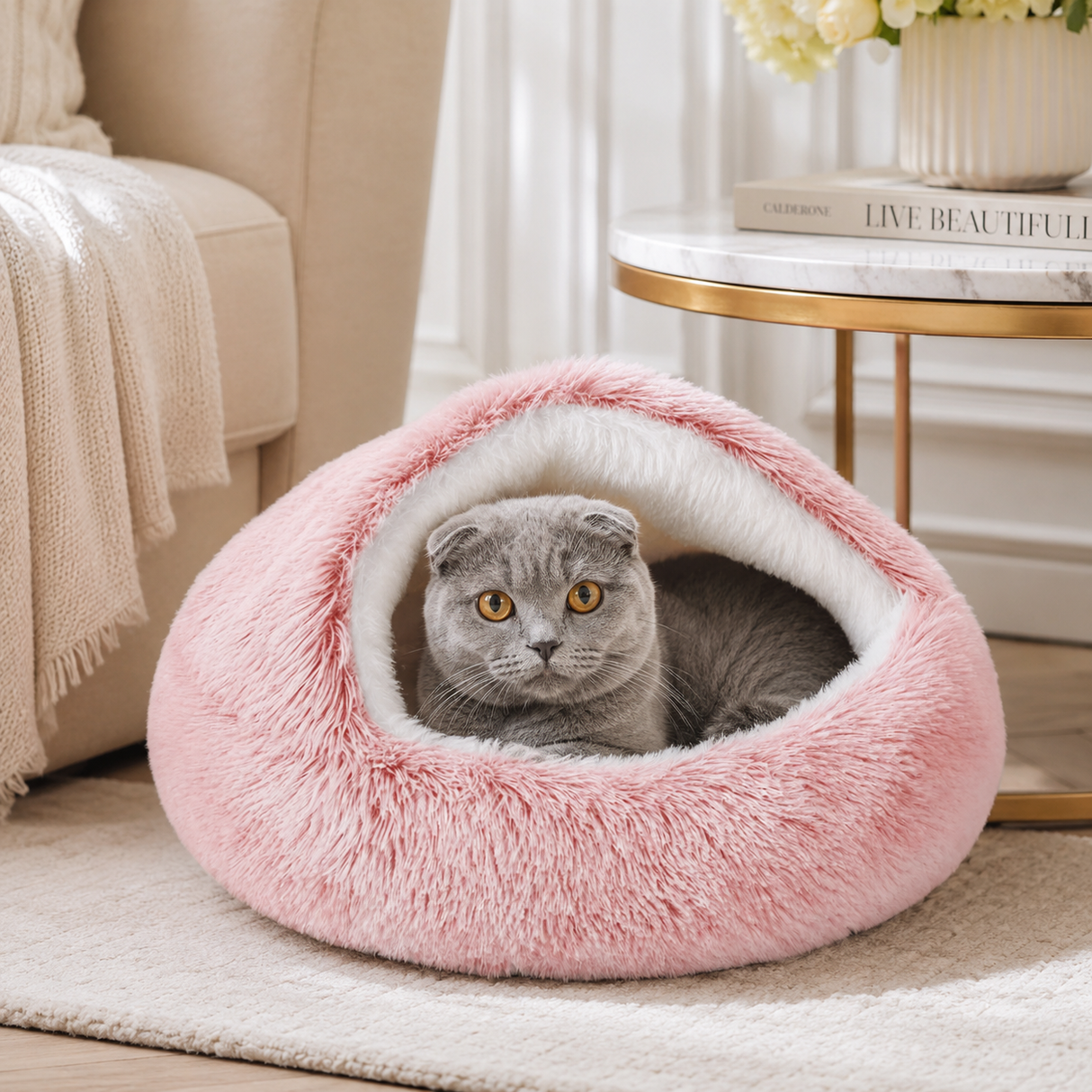 Fluffy Soft Cat Cave Bed With Hooded Plush Igloo Nest