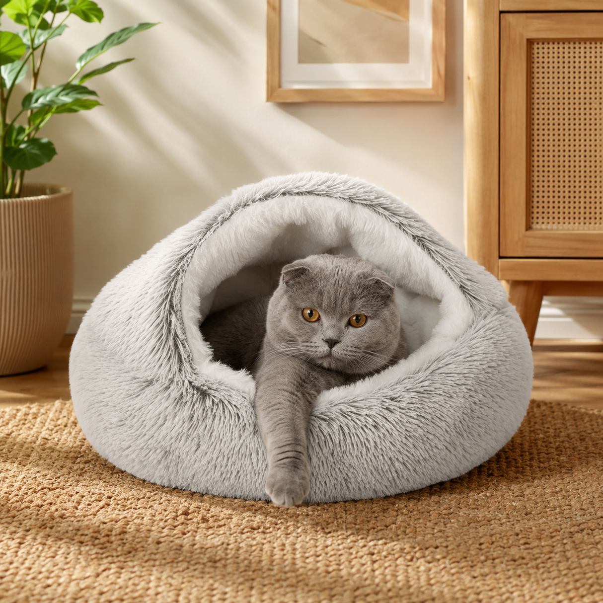 Fluffy Soft Cat Cave Bed With Hooded Plush Igloo Nest