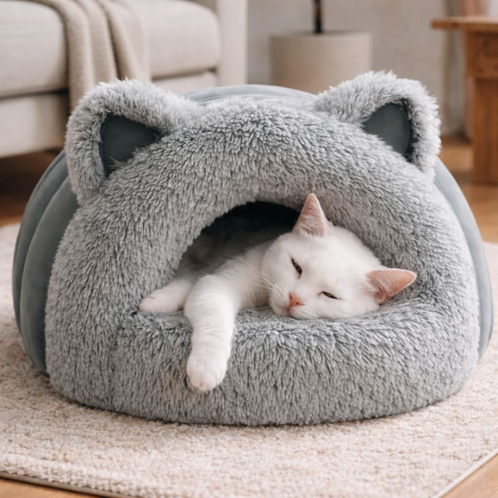 Cat Cave Bed Plush Indoor Pet Hideaway with Cushion