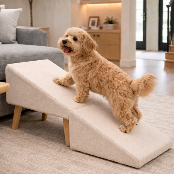 Dog Ramp for Bed Sofa Pet Ramp with Wooden Legs Fabric Steps