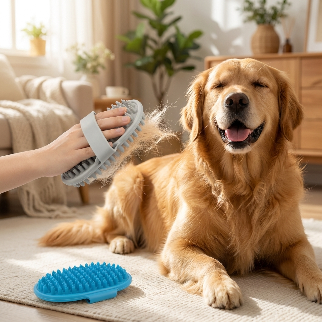 Dog being brushed in a living room