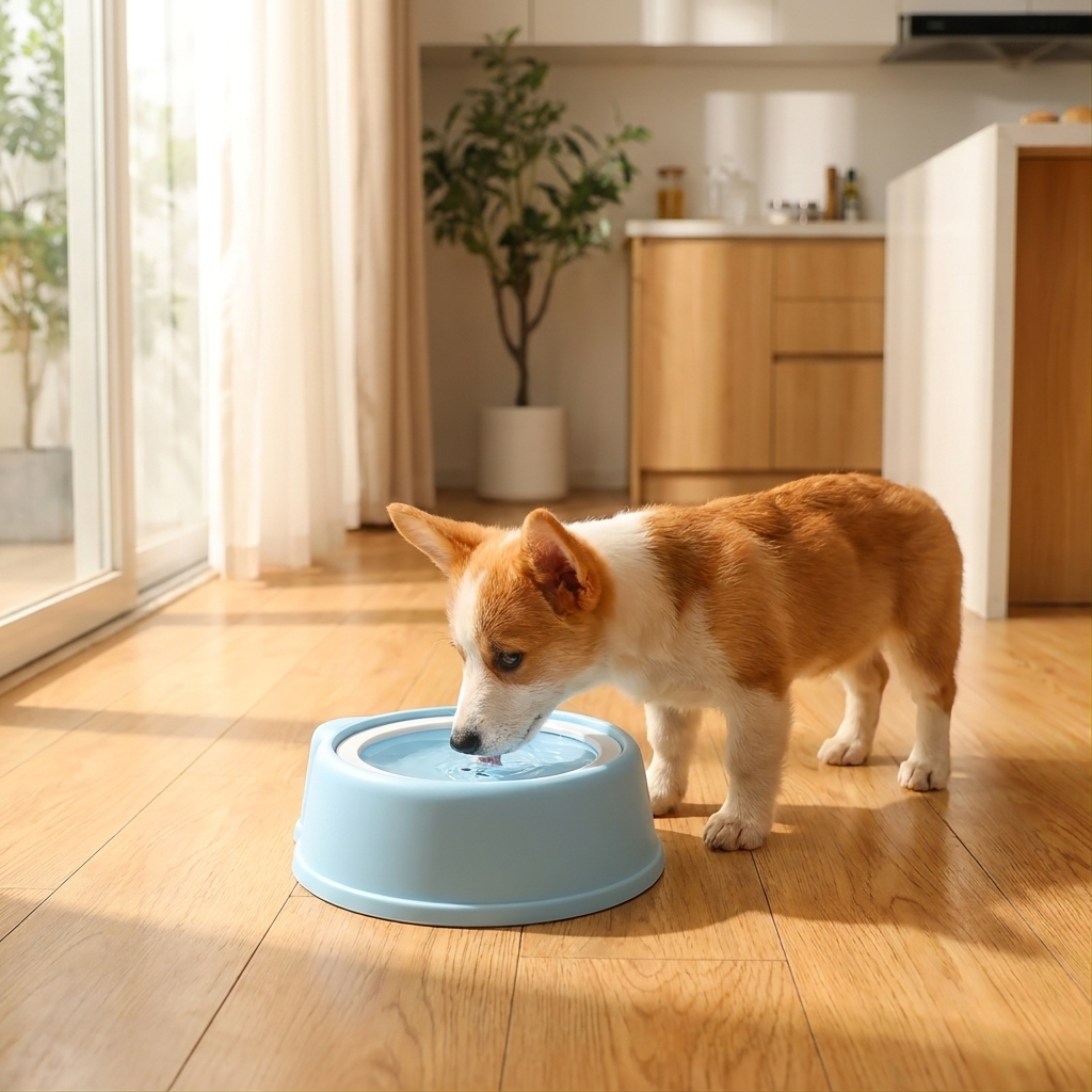 Anti-spill dog water bowl in use
