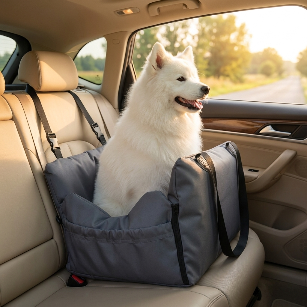 Dog sitting in the waterproof car seat looking out the window