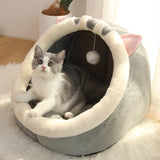 Cat Cave Bed Cosy Plush Igloo Nest with Ears and Hanging Toy Ball