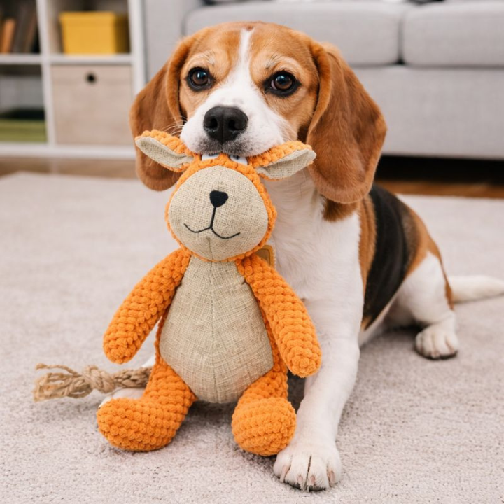 Dog Plush Squeaky Toy Soft Animal Chew Toy with Rope Tail