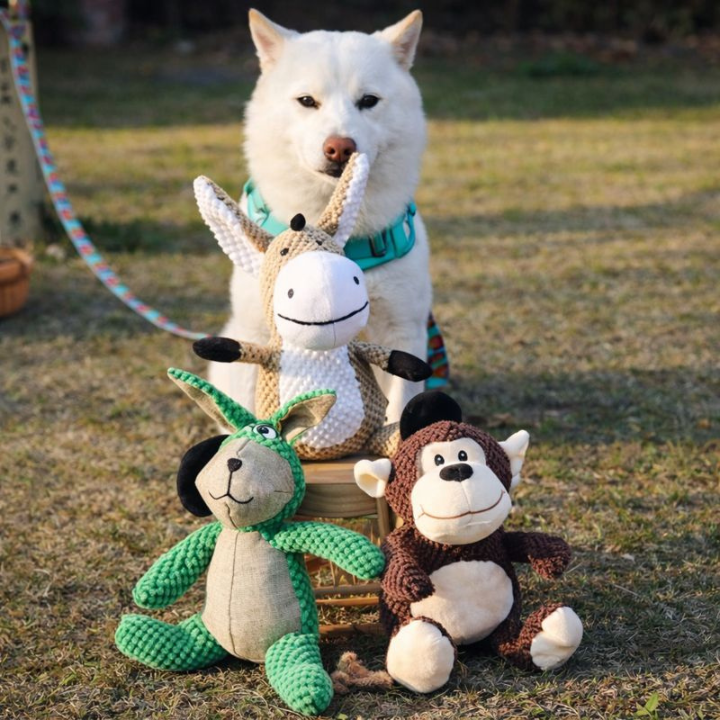 Dog Plush Squeaky Toy Soft Animal Chew Toy with Rope Tail