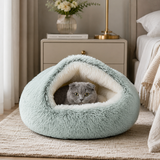 Fluffy Soft Cat Cave Bed With Hooded Plush Igloo Nest