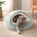 Fluffy Soft Cat Cave Bed With Hooded Plush Igloo Nest