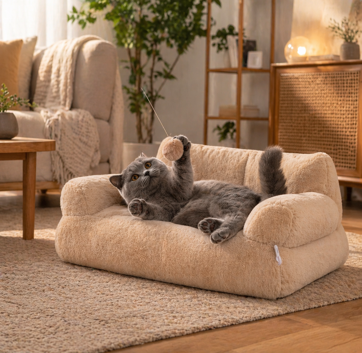 Fluffy Plush Cat Sofa Bed with Bolster Sides and Cushion