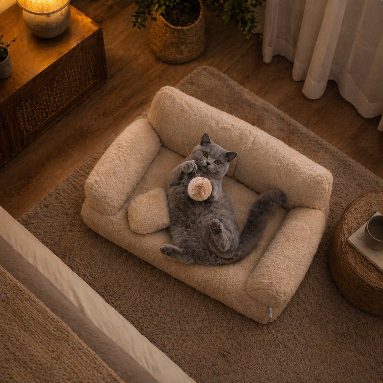 Fluffy Plush Cat Sofa Bed with Bolster Sides and Cushion