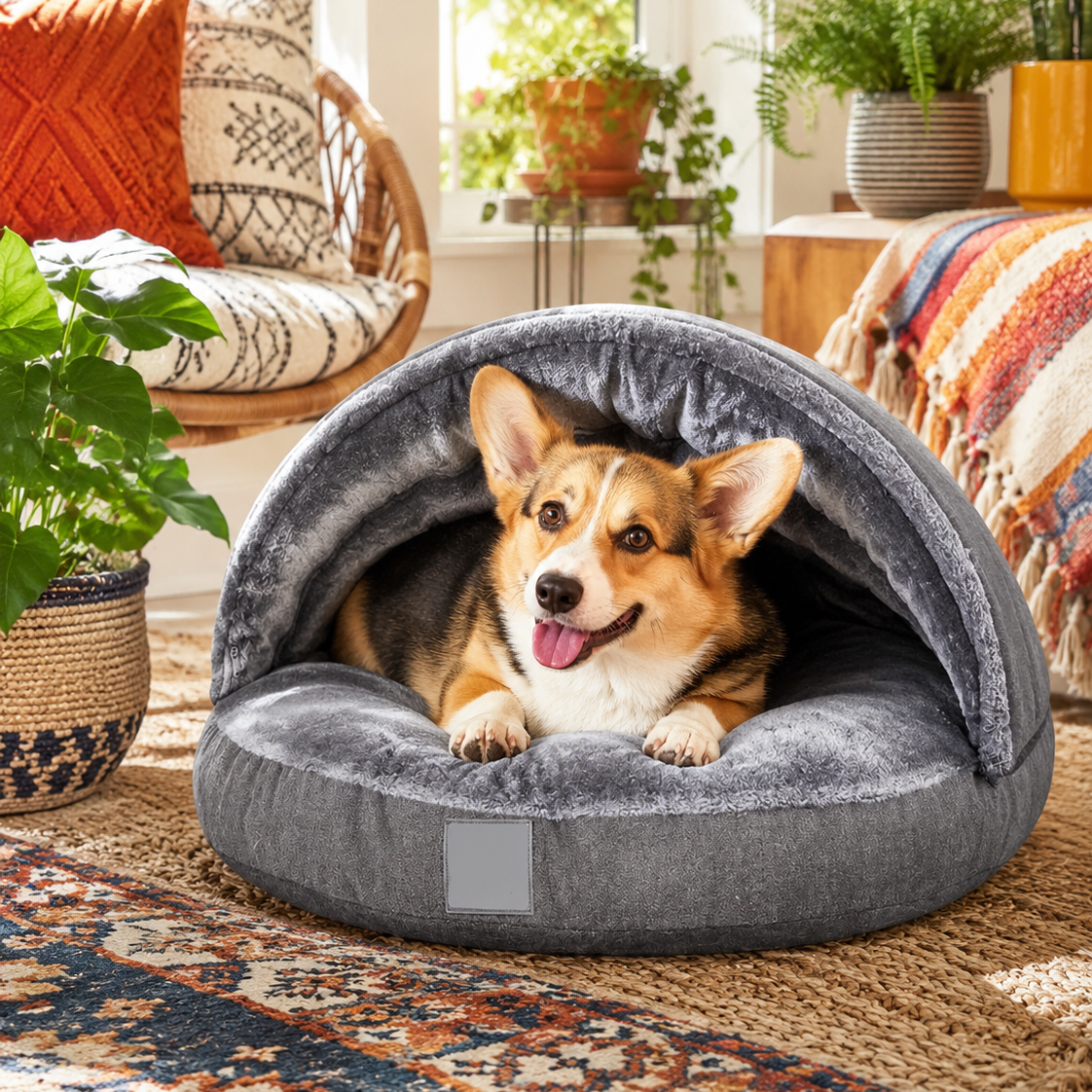 Dog Cave Bed Hooded Plush Extra Cosy Burrow Washable Pet Bed