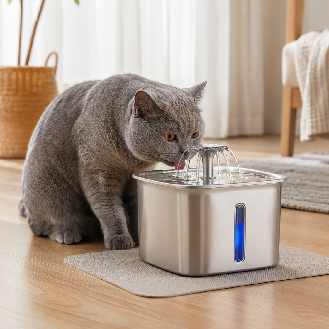 Cat Water Fountain Stainless Steel with LED Flow Indicator