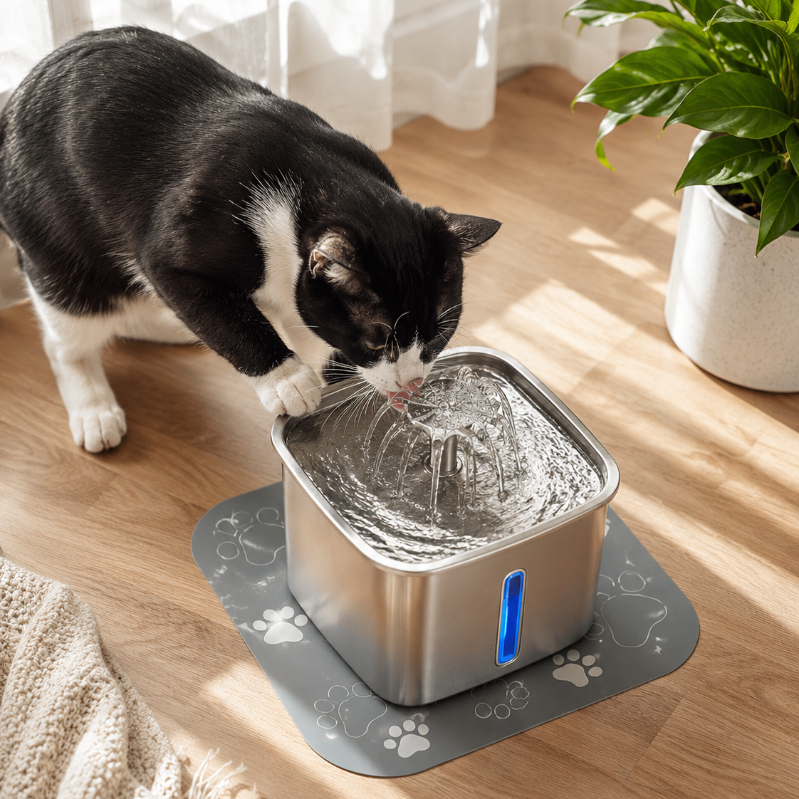 Cat Water Fountain Stainless Steel with LED Flow Indicator