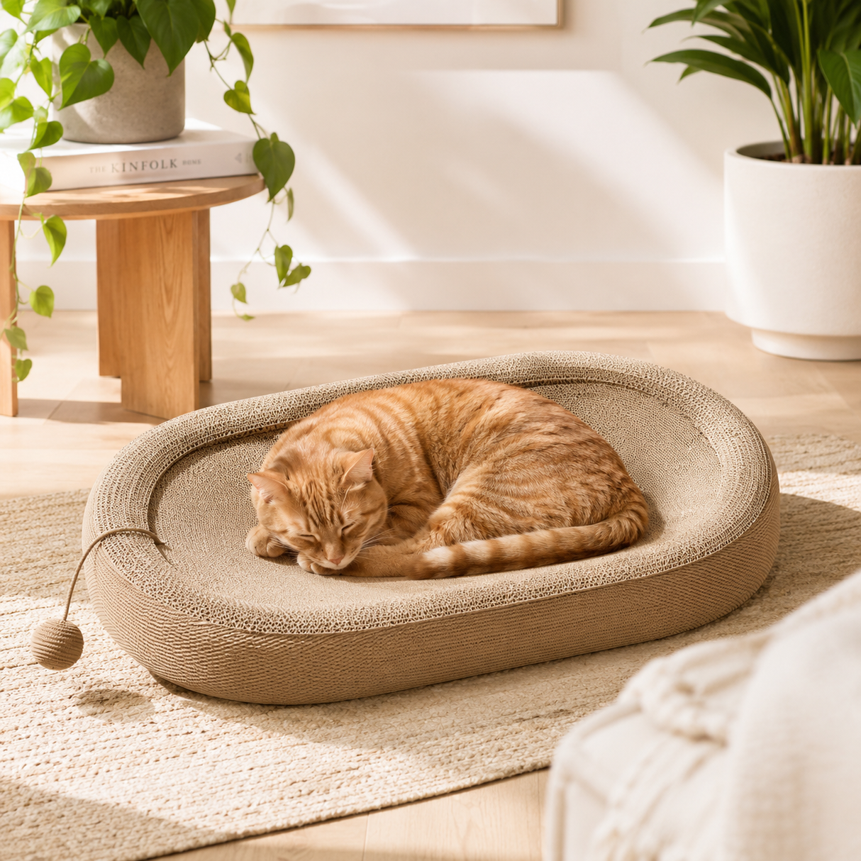 Cat Bed Oval Woven Scratch Lounge Nest with Hanging Toy Ball