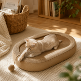 Cat Bed Oval Woven Scratch Lounge Nest with Hanging Toy Ball
