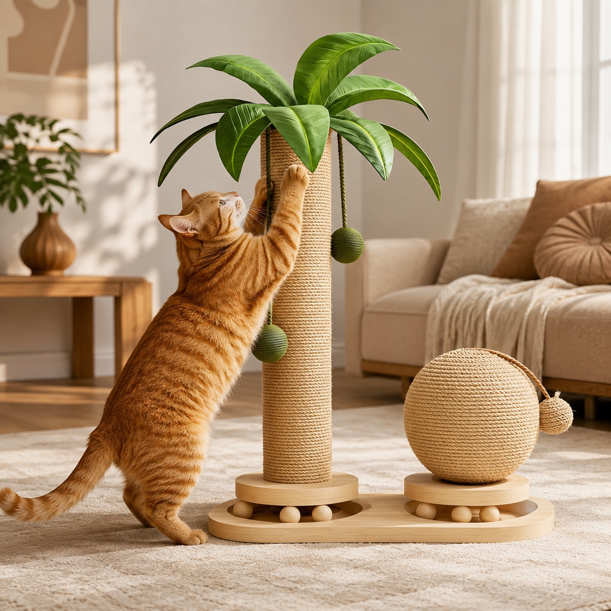 Cat Scratching Post Sisal Palm Tree with Scratch Ball And Wooden Toy Base