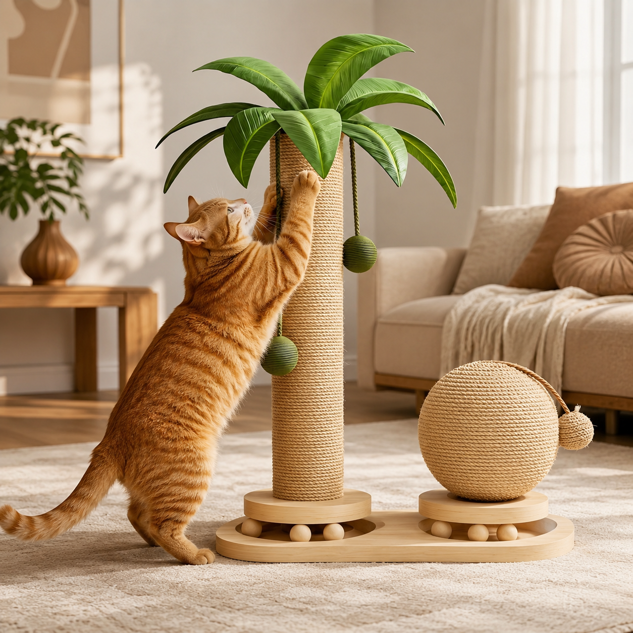 Cat Scratching Post Sisal Palm Tree with Scratch Ball And Wooden Toy Base