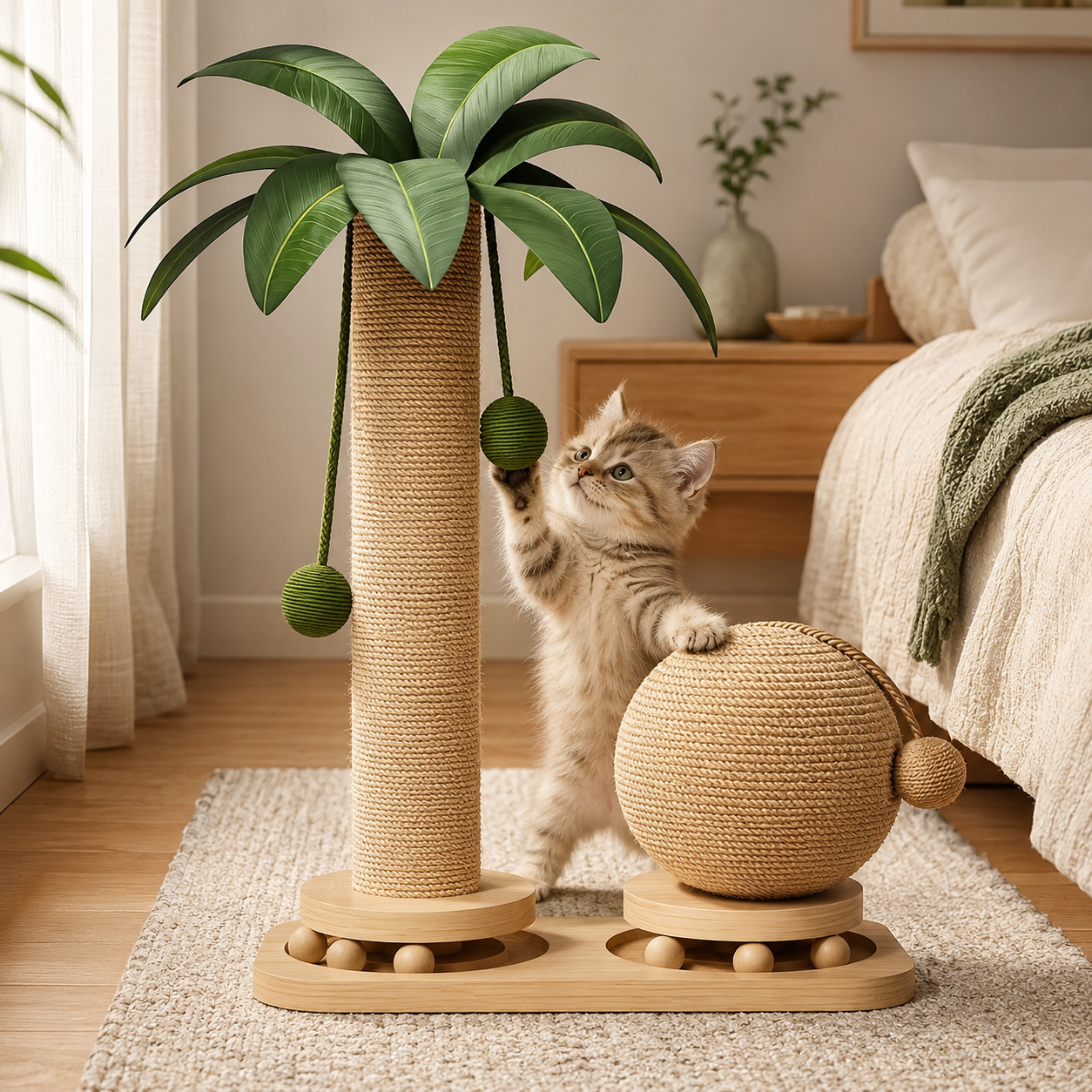Cat Scratching Post Sisal Palm Tree with Scratch Ball And Wooden Toy Base