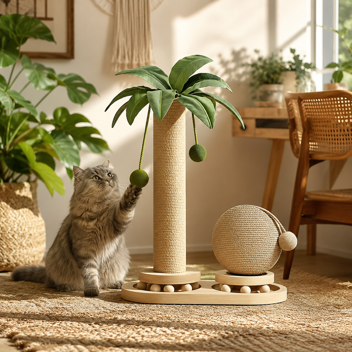 Cat Scratching Post Sisal Palm Tree with Scratch Ball And Wooden Toy Base
