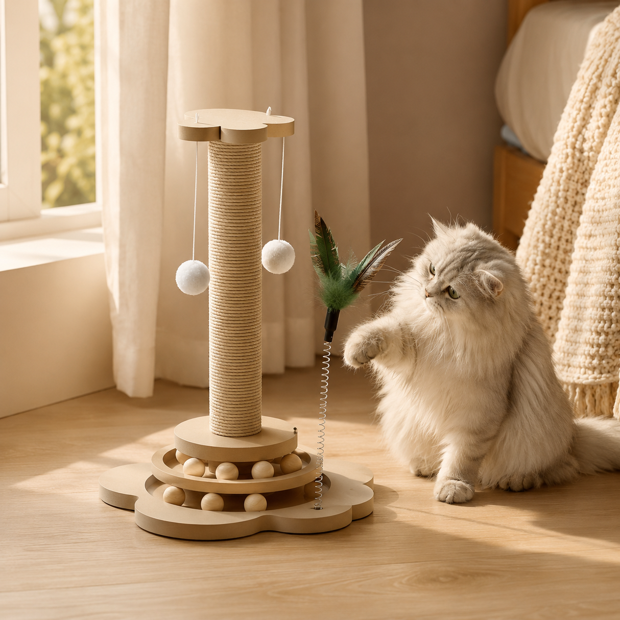 Large Cat Scratching Post Sisal Feather Toy Dangling Balls Roller Base