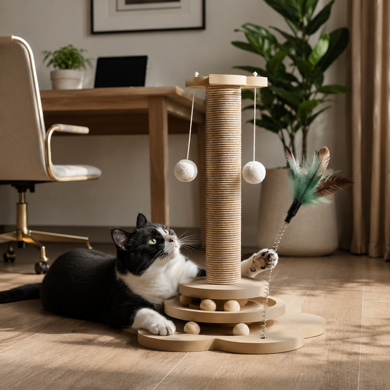 Large Cat Scratching Post Sisal Feather Toy Dangling Balls Roller Base