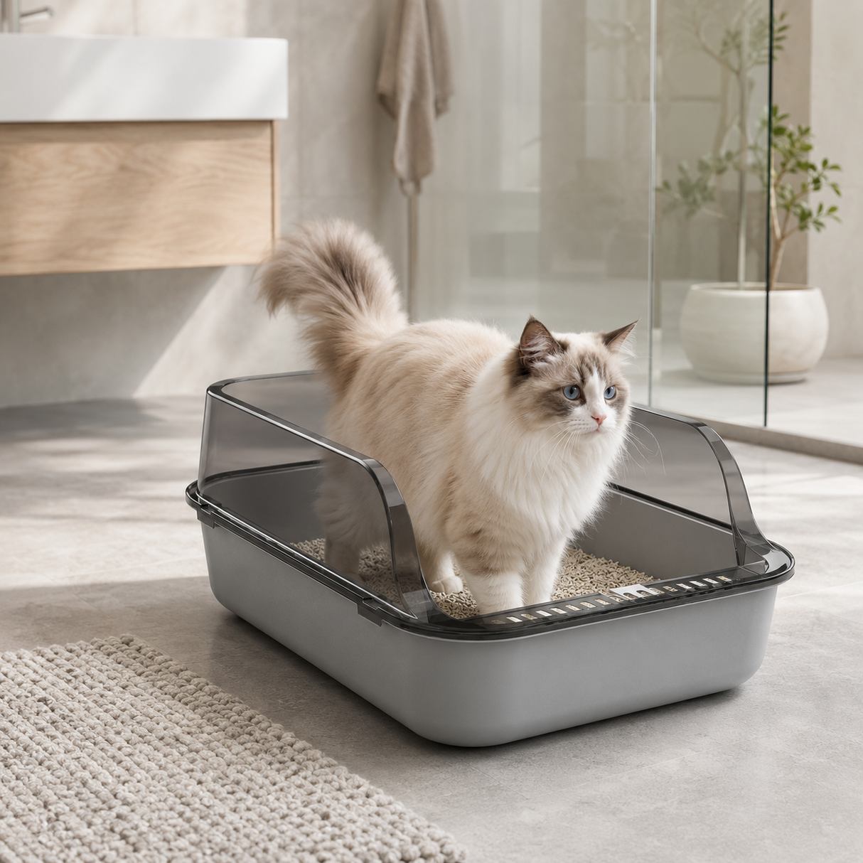 Cat Litter Tray Box High Sided Semi Open Top With Anti Scatter Grid Entry