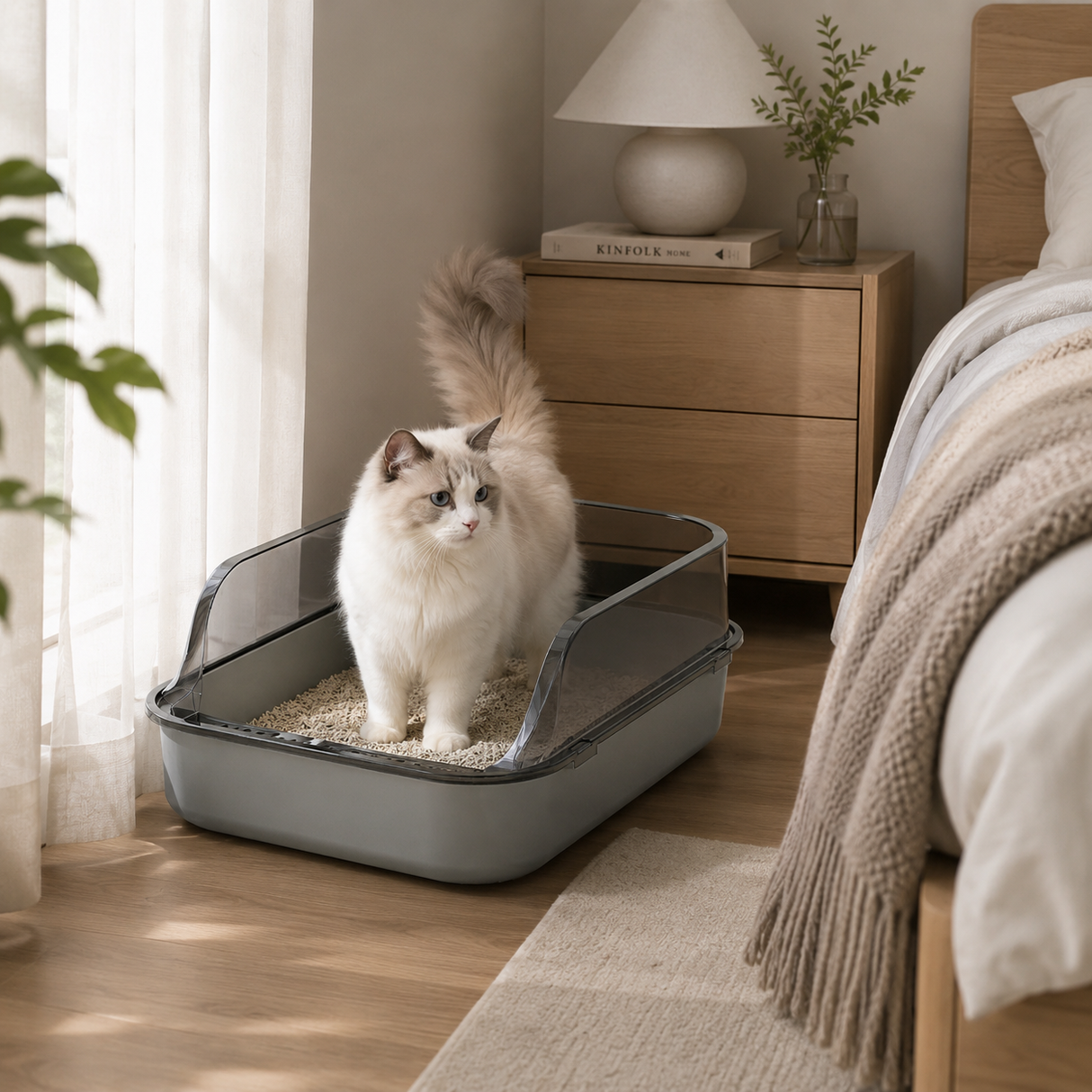 Cat Litter Tray Box High Sided Semi Open Top With Anti Scatter Grid Entry