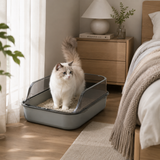 Cat Litter Tray Box High Sided Semi Open Top With Anti Scatter Grid Entry
