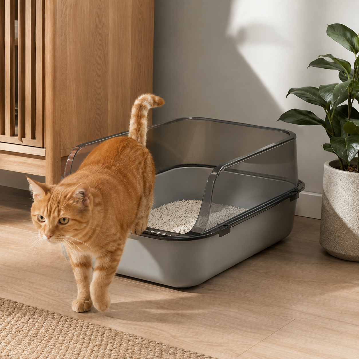 Cat Litter Tray Box High Sided Semi Open Top With Anti Scatter Grid Entry