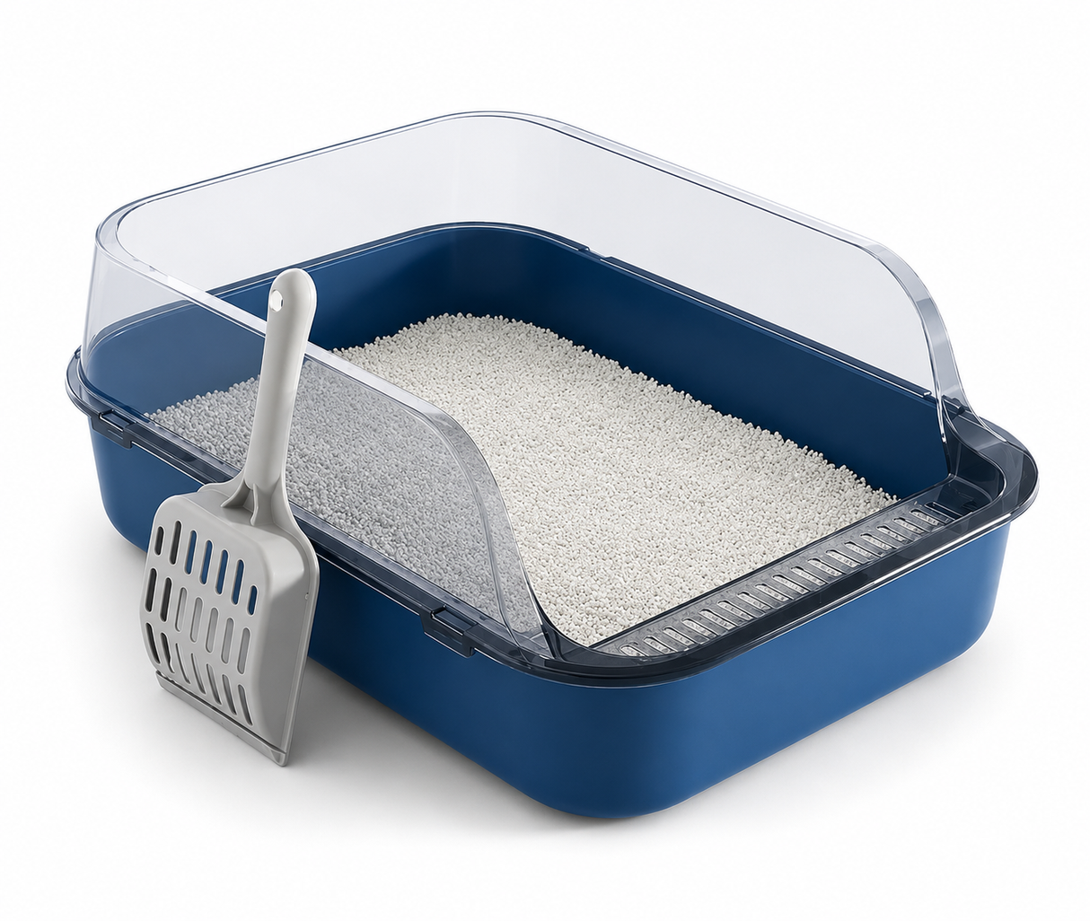 Cat Litter Tray Box High Sided Semi Open Top With Anti Scatter Grid Entry