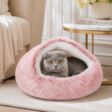 Fluffy Soft Cat Cave Bed With Hooded Plush Igloo Nest