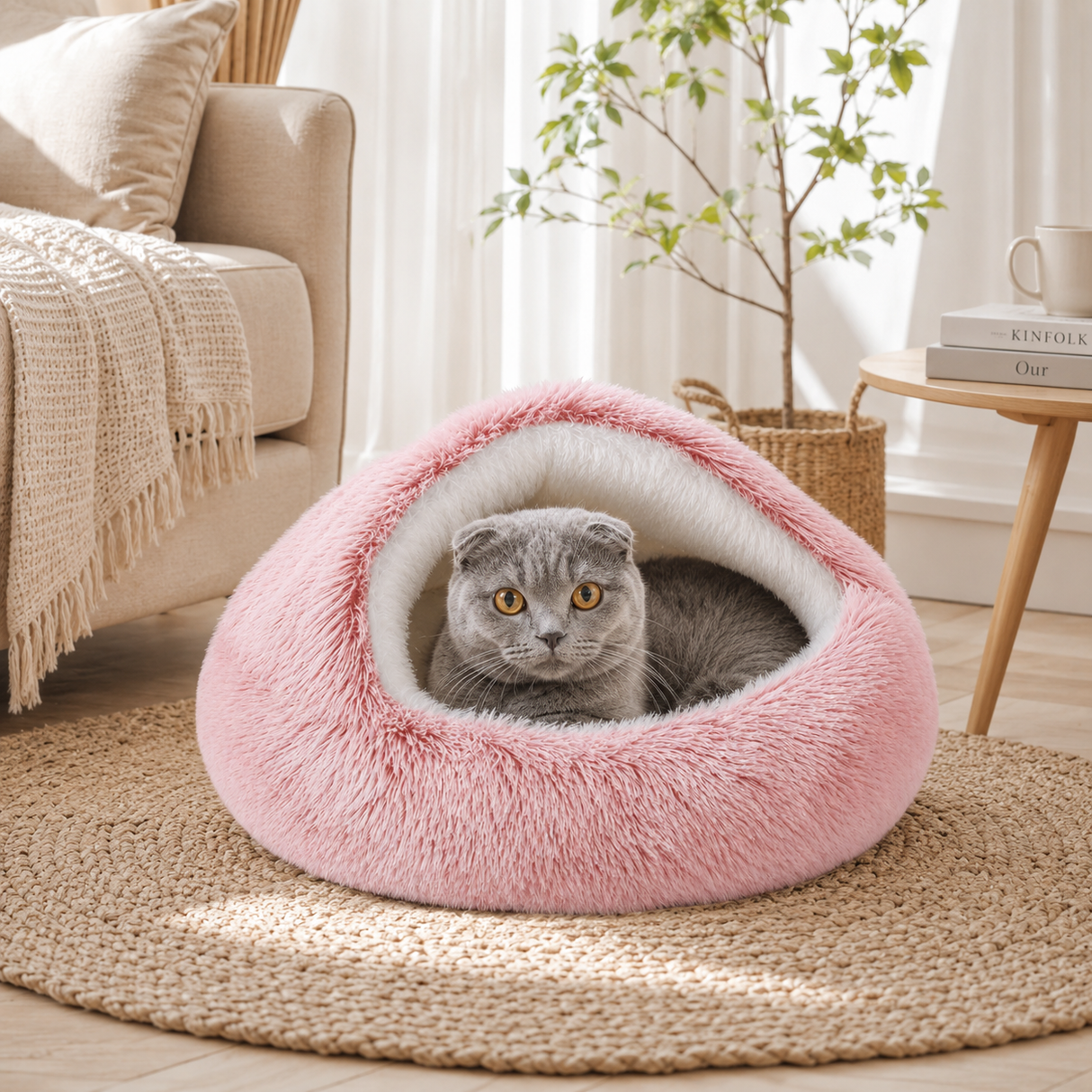 Fluffy Soft Cat Cave Bed With Hooded Plush Igloo Nest