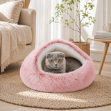 Fluffy Soft Cat Cave Bed With Hooded Plush Igloo Nest