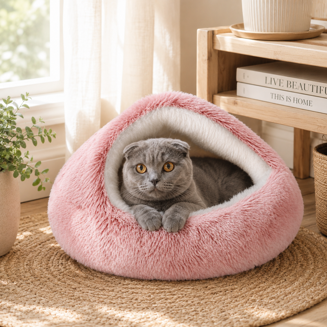 Fluffy Soft Cat Cave Bed With Hooded Plush Igloo Nest