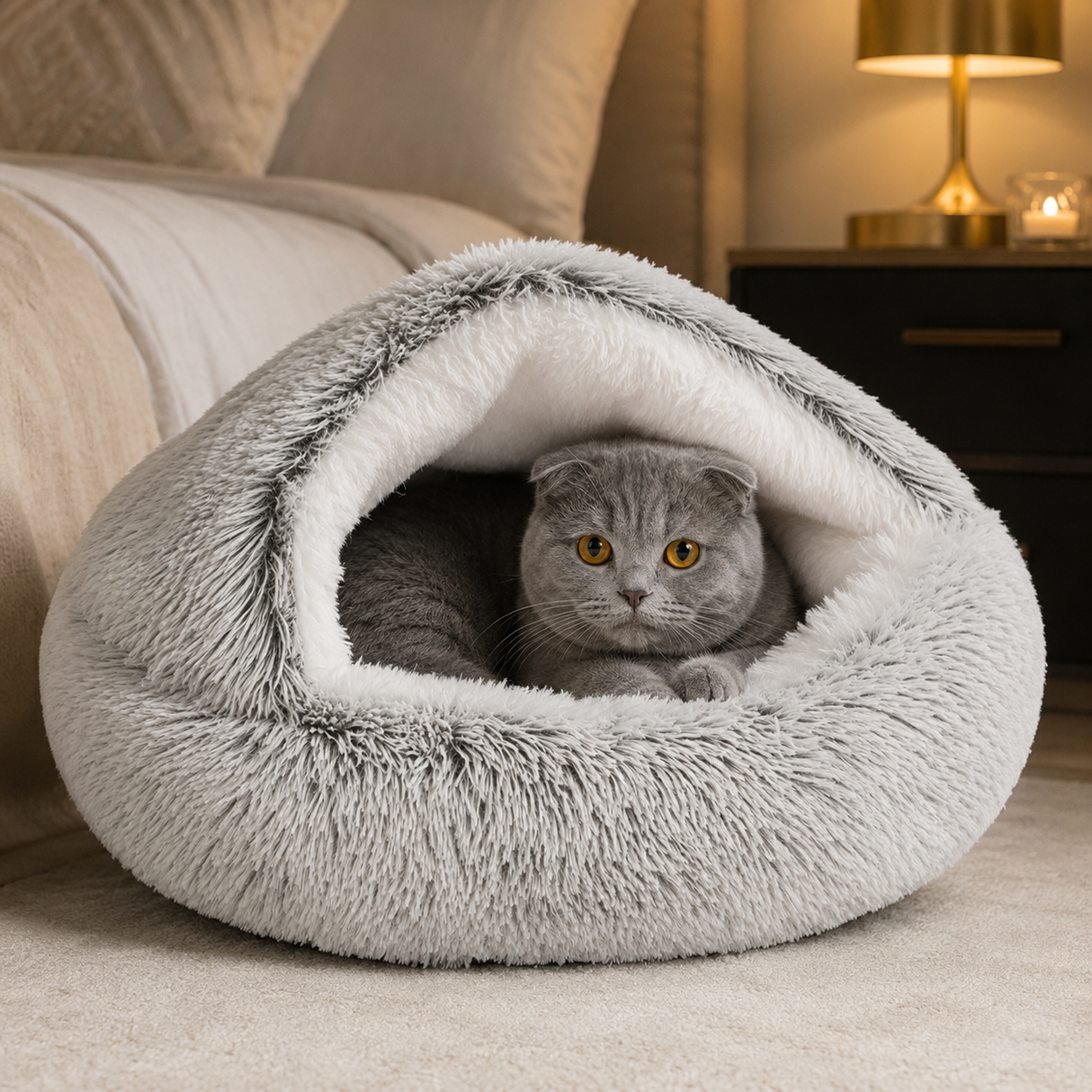 Fluffy Soft Cat Cave Bed With Hooded Plush Igloo Nest