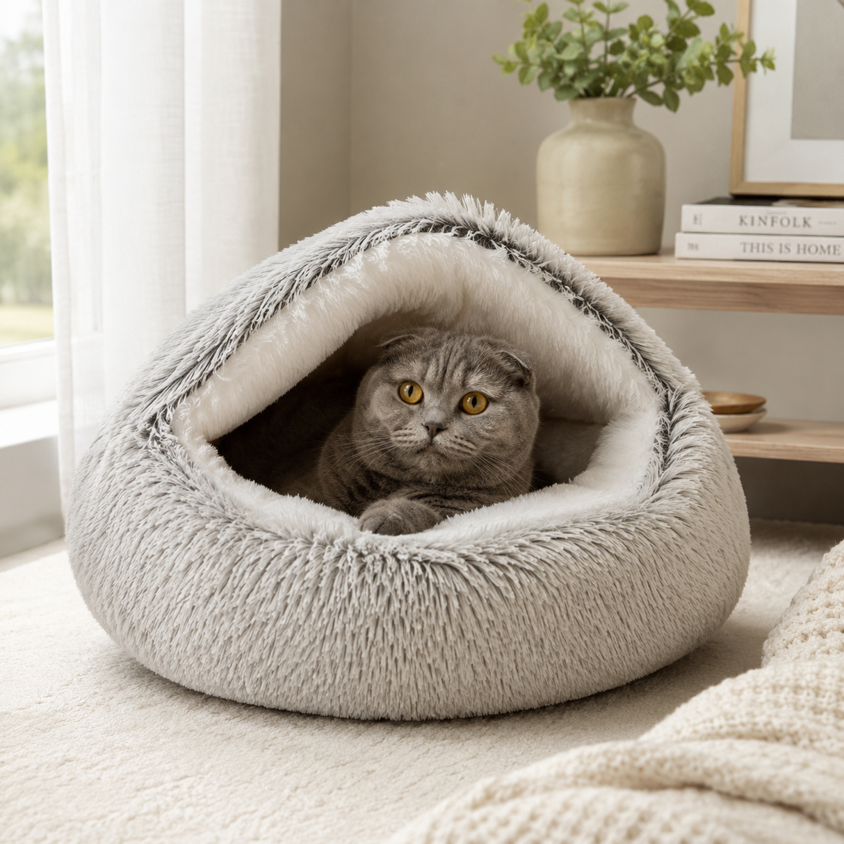Fluffy Soft Cat Cave Bed With Hooded Plush Igloo Nest