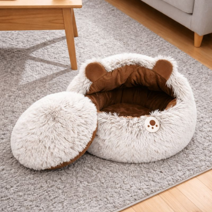 Cat Cave Bed - Cosy Plush Cat Bed with Removable Lid