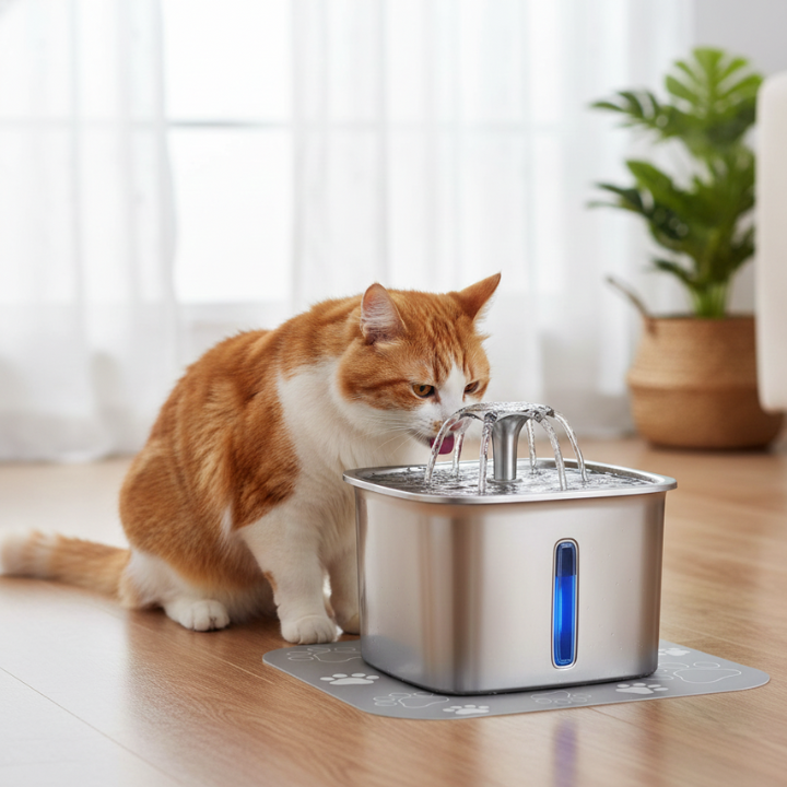 Cat Water Fountain Stainless Steel with LED Flow Indicator
