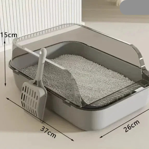 Cat Litter Tray Box High Sided Semi Open Top With Anti Scatter Grid Entry