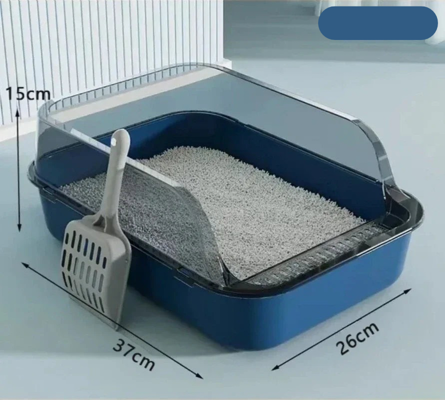 Cat Litter Tray Box High Sided Semi Open Top With Anti Scatter Grid Entry