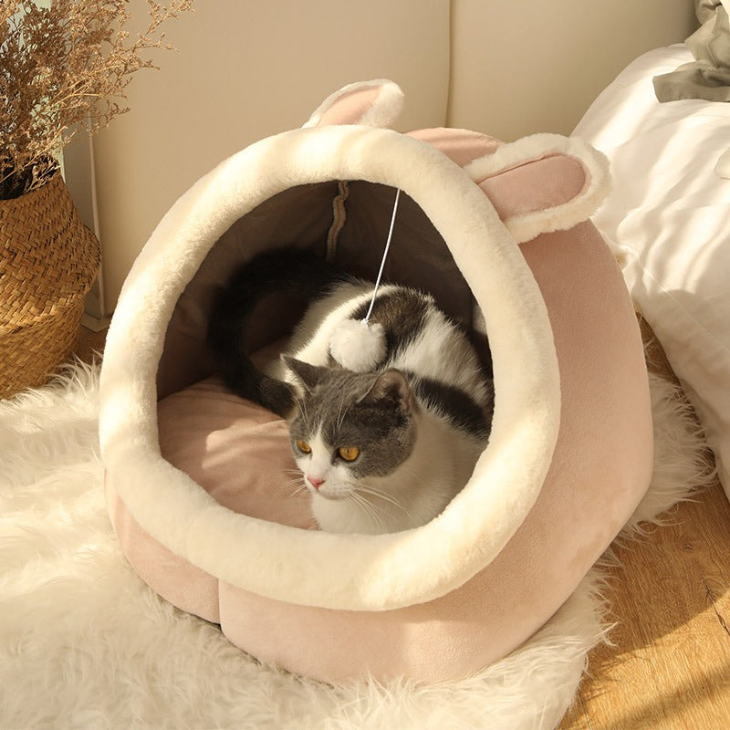 Cat Cave Bed Cosy Plush Igloo Nest with Ears and Hanging Toy Ball