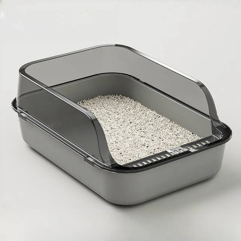 Cat Litter Tray Box High Sided Semi Open Top With Anti Scatter Grid Entry
