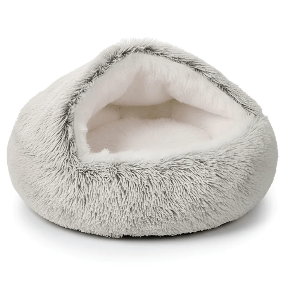 Fluffy Soft Cat Cave Bed With Hooded Plush Igloo Nest