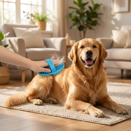 Rubber grooming brush in use on a dog