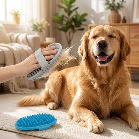 Dog being brushed in a living room